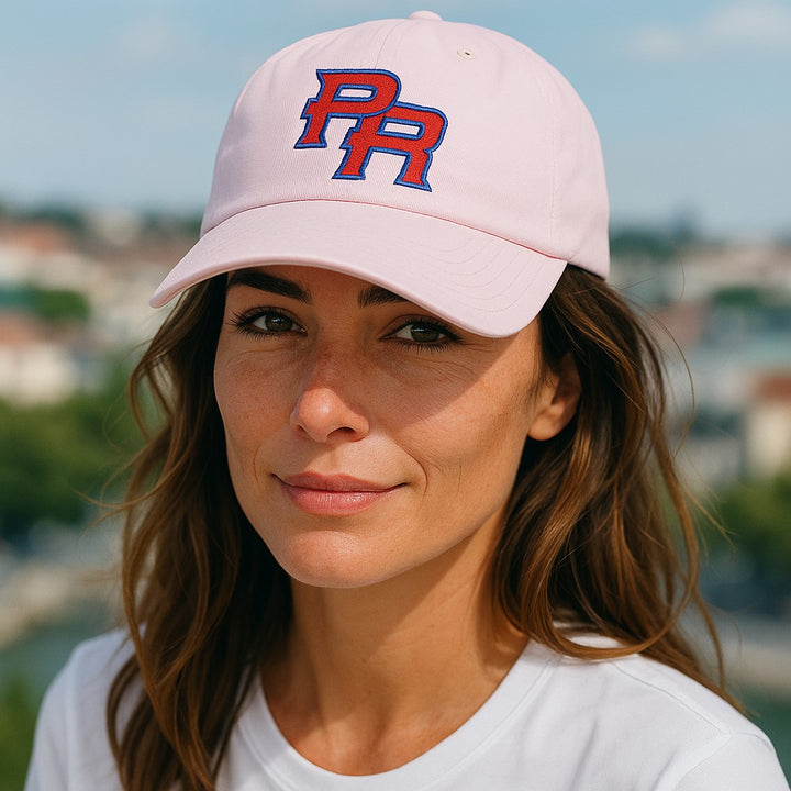 Unisex Puerto Rican Cap in Pink with Bold PR Logo for Stylish and Comfortable Wear