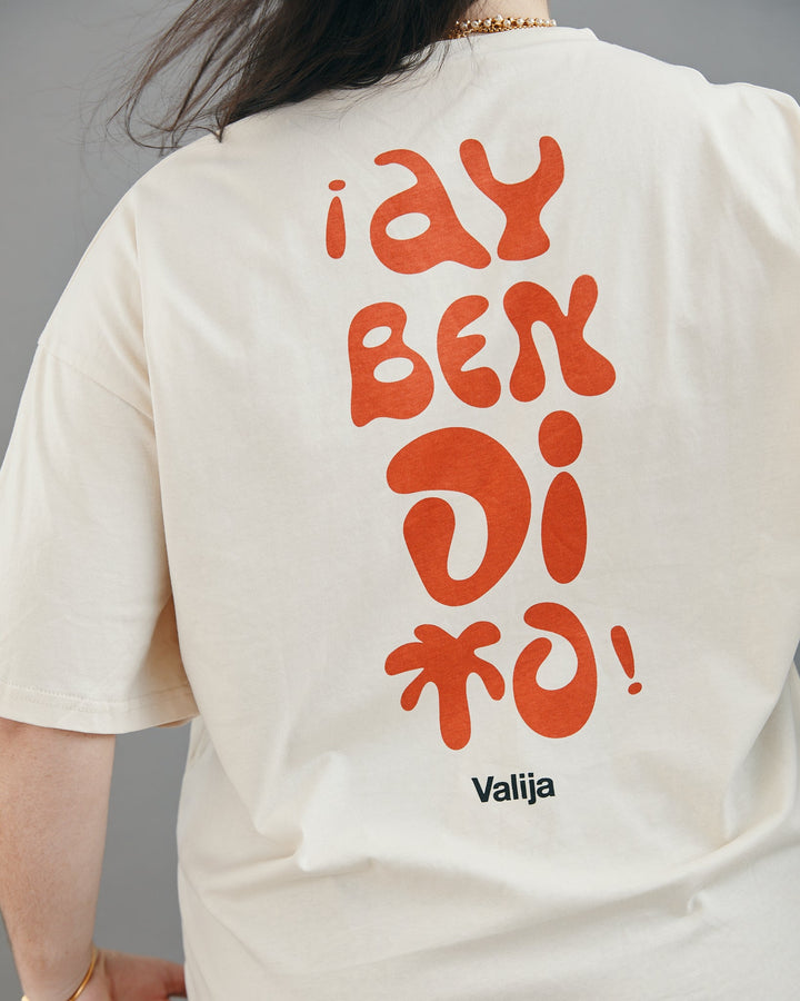 Ay Bendito graphic T-shirt from Valija in cream color with bold red lettering on the back
