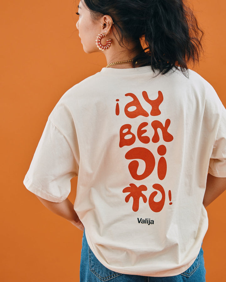 Valija Ay Bendito graphic T-shirt in cream with bold red lettering on the back