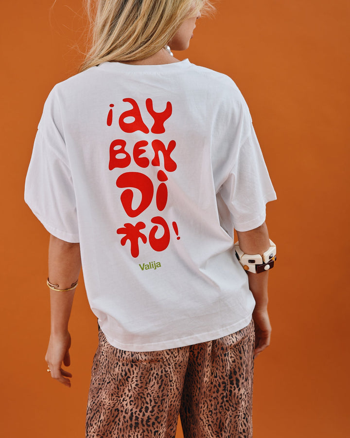 Valija Ay Bendito graphic T-shirt in white featuring bold red lettering on the back