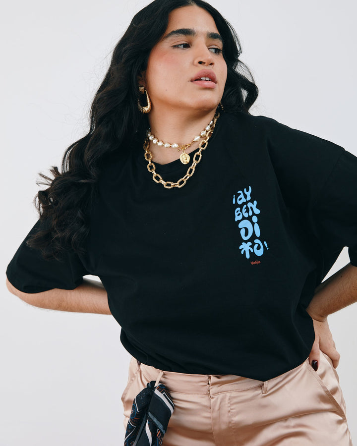 Valija Ay Bendito graphic T-shirt in black with light blue text for a trendy casual look