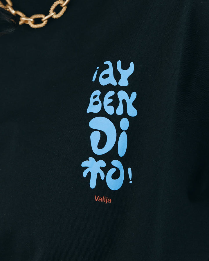 Valija Ay Bendito graphic T-shirt in black with colorful text design for casual wear