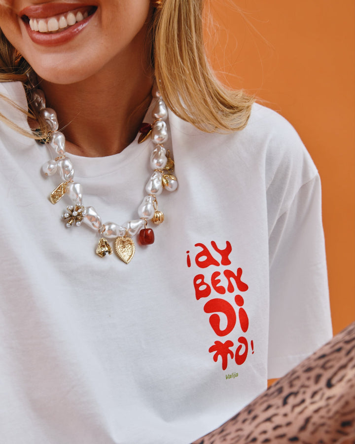 Valija Ay Bendito graphic T-shirt in white with colorful text design and stylish necklace