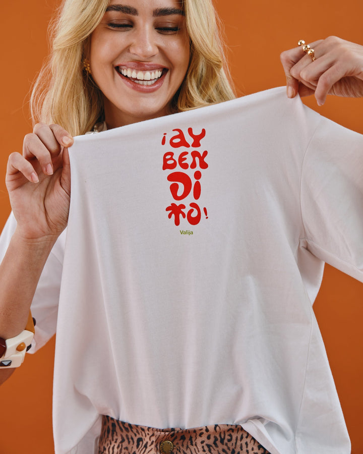 Valija Ay Bendito graphic T-shirt featuring bold red lettering on a white background