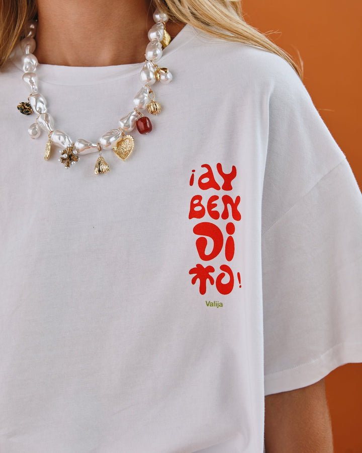 Valija Ay Bendito graphic T-shirt in white featuring vibrant red and green text design