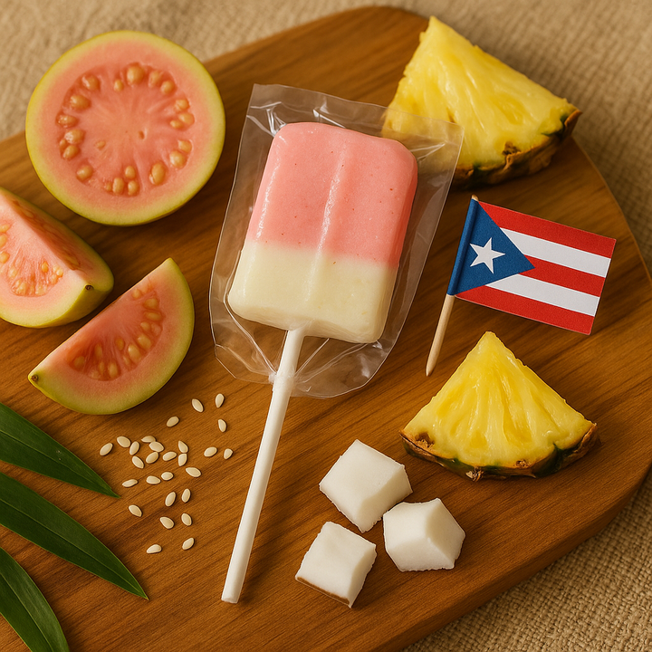 Tipica Artesanal guava coconut candy popsicle with fresh guava, pineapple slices, and coconut cubes on wooden board