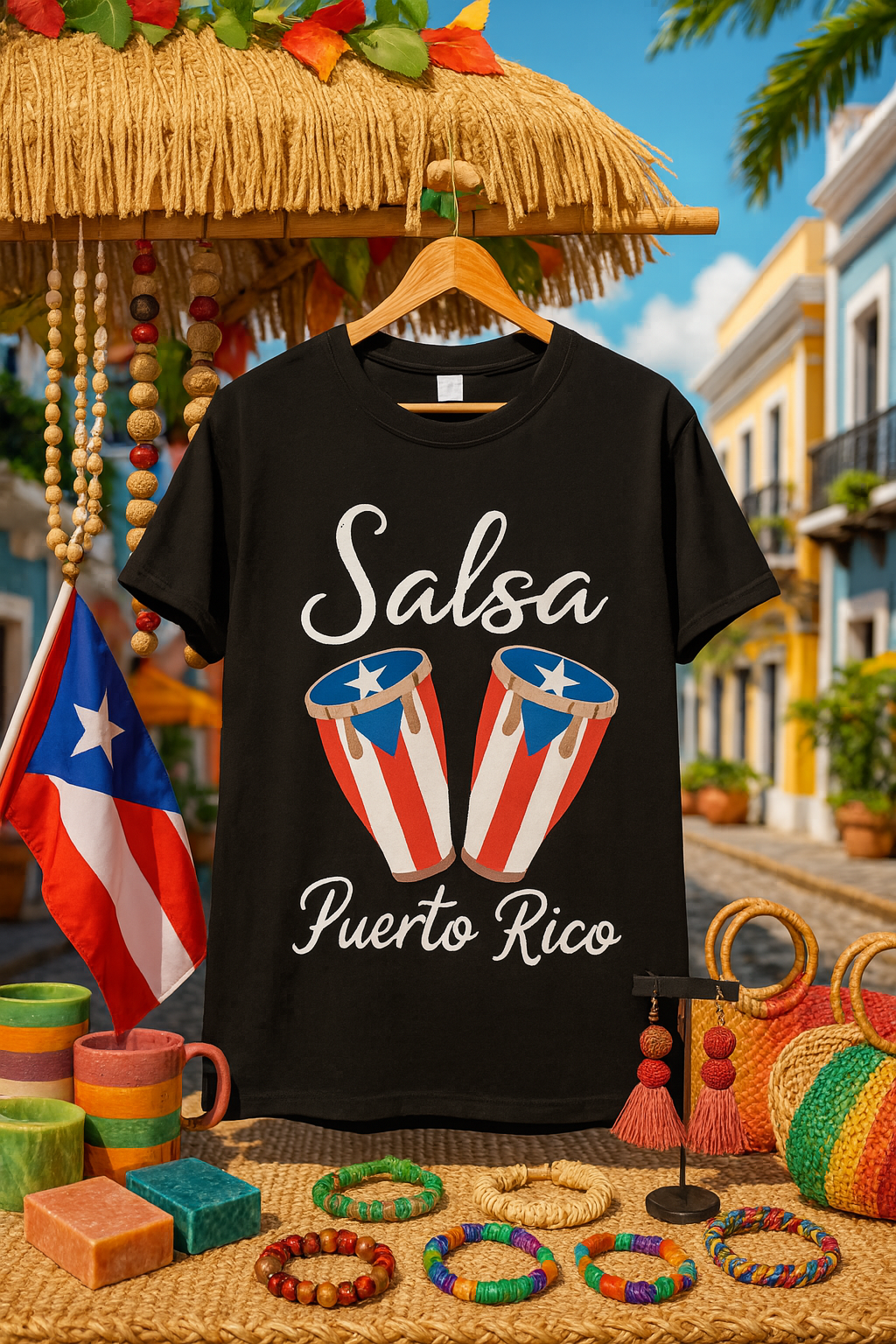 Puerto Rico salsa t-shirt from Boricua Gift Shop featuring colorful congas and flag design