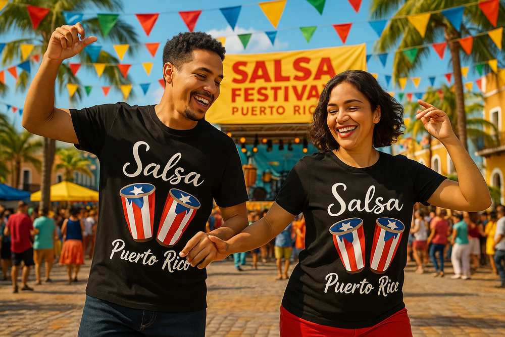 Couple wearing Puerto Rico salsa t-shirt with colorful conga drums design at salsa festival