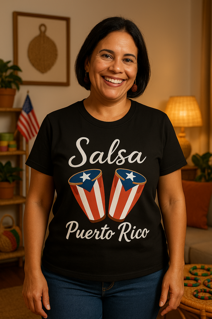 Boricua Gift Shop Puerto Rico salsa t-shirt featuring conga drums and text on black shirt
