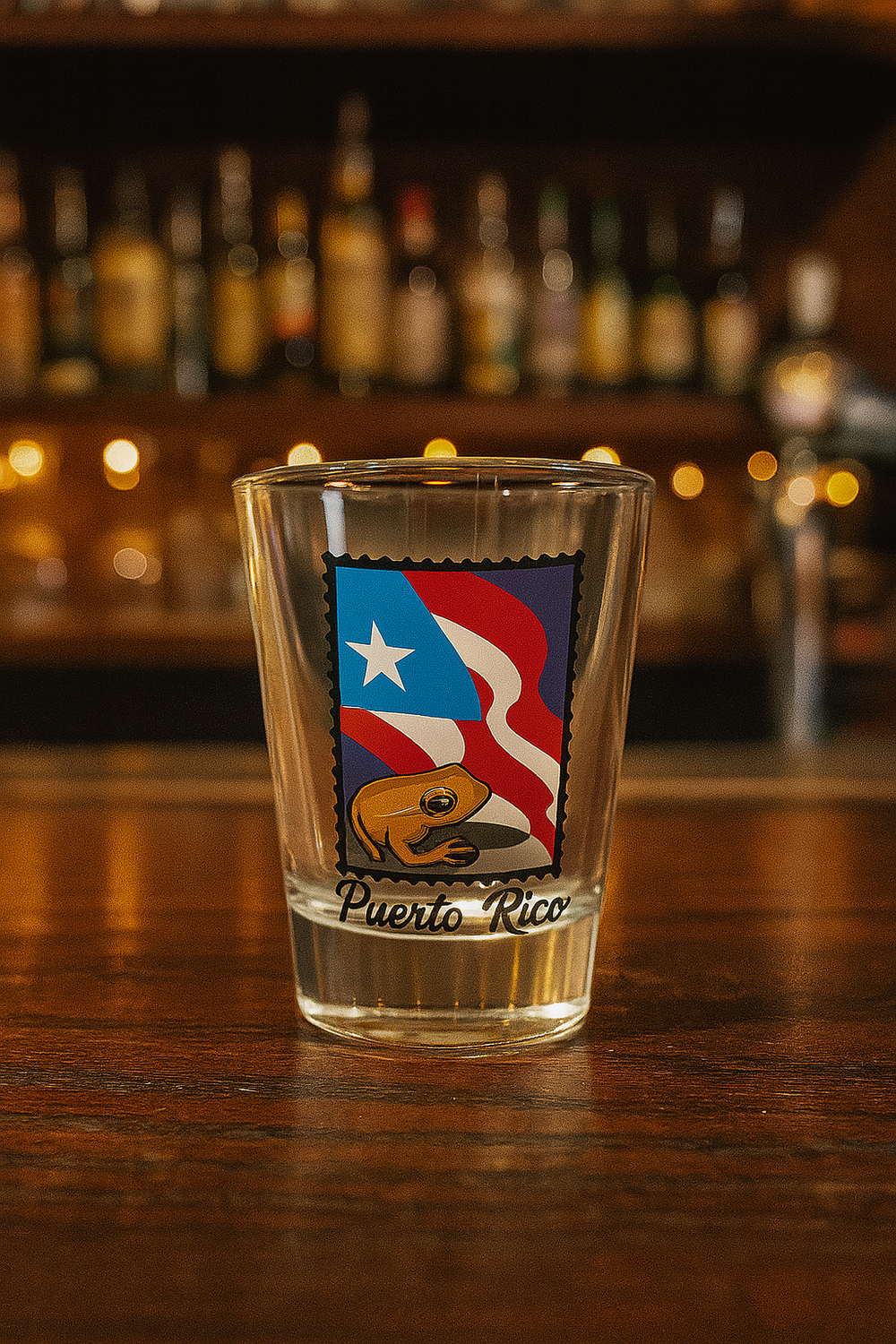Puerto Rico shot glass from Boricua Gift Shop featuring Puerto Rican flag and coqui frog design