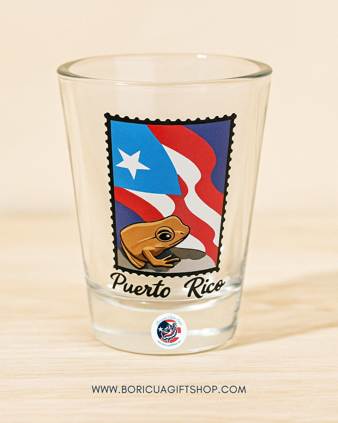 Puerto Rico shot glass with colorful frog and flag design from Boricua Gift Shop