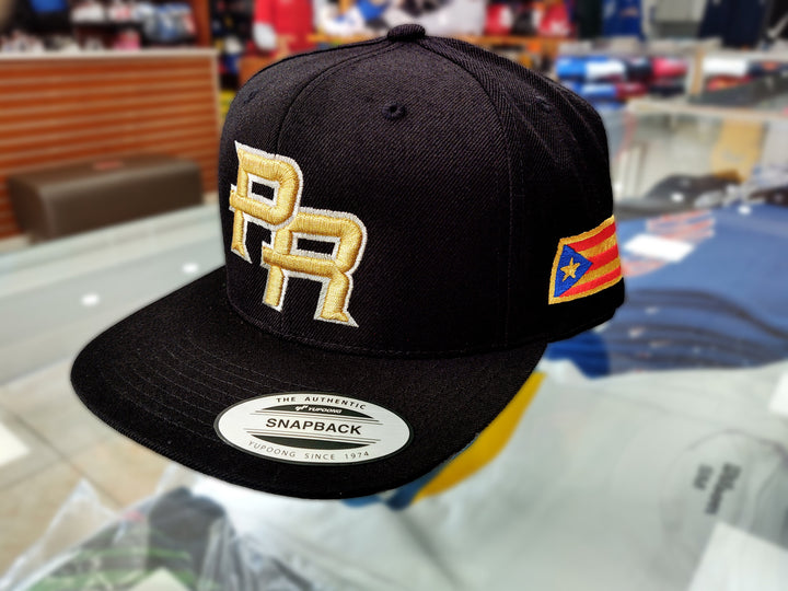 Peligro Sports Black Snapback Hat with Puerto Rico Flag Design