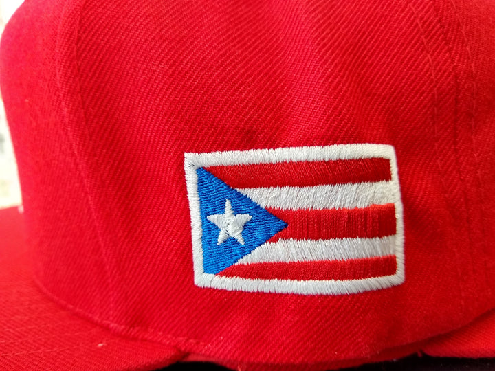 Red snapback hat with embroidered Puerto Rico flag