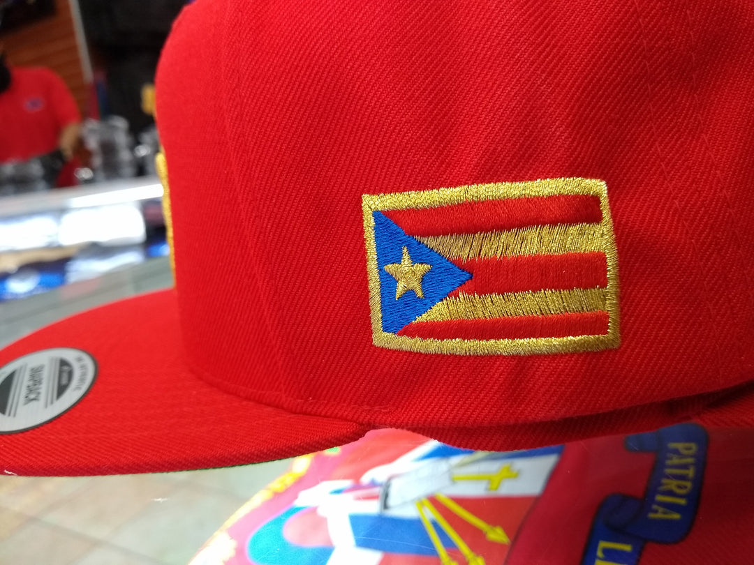 Red snapback hat with Puerto Rico flag embroidery for summer wear