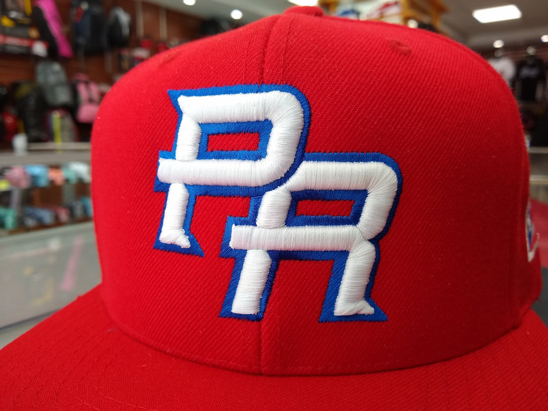 Red snapback hat with Puerto Rico PR embroidered logo