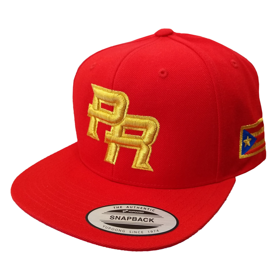 Red snapback hat with Puerto Rico embroidery and flag detail