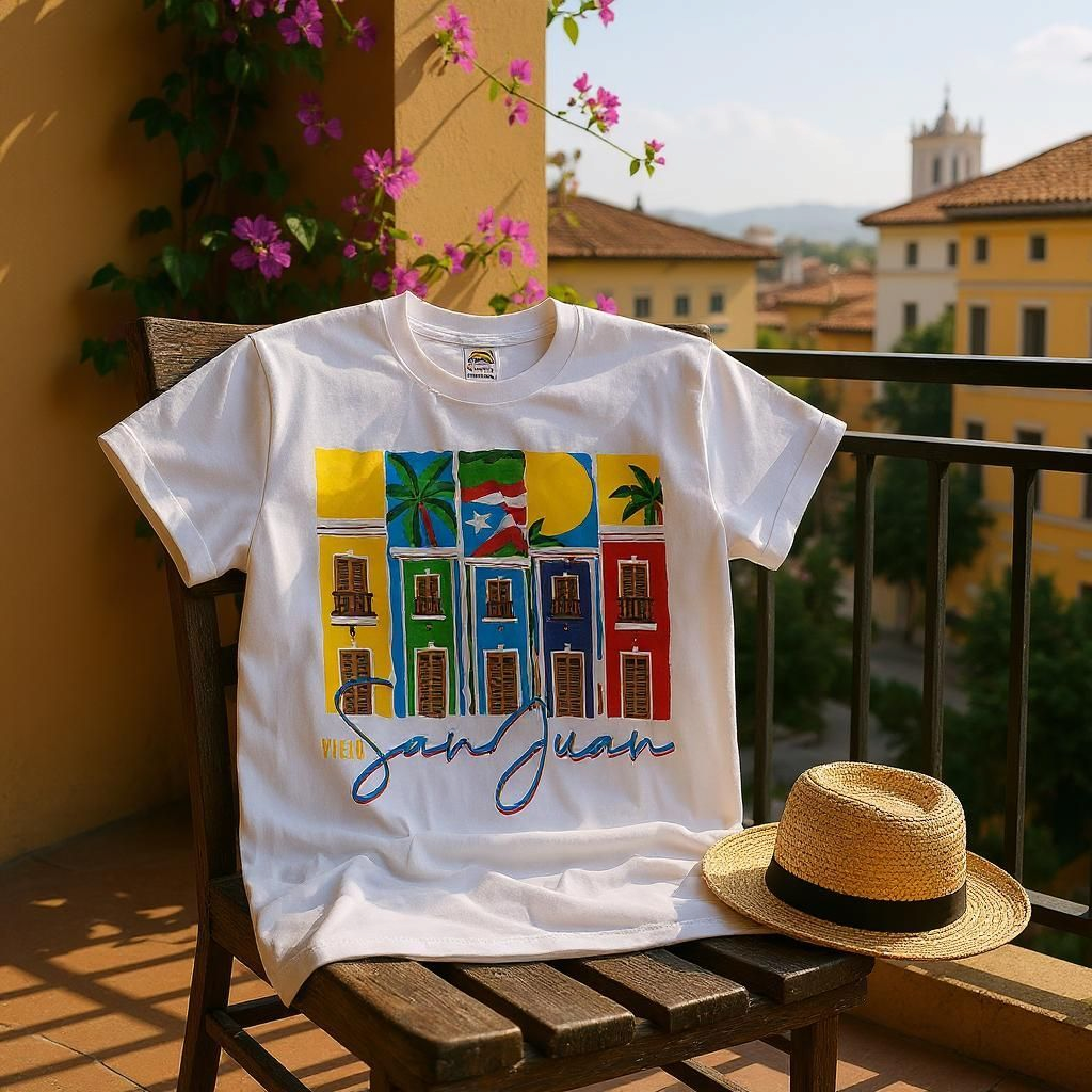 White Viejo San Juan Puerto Rico T-shirt with colorful building and palm tree design displayed on wooden chair outdoors