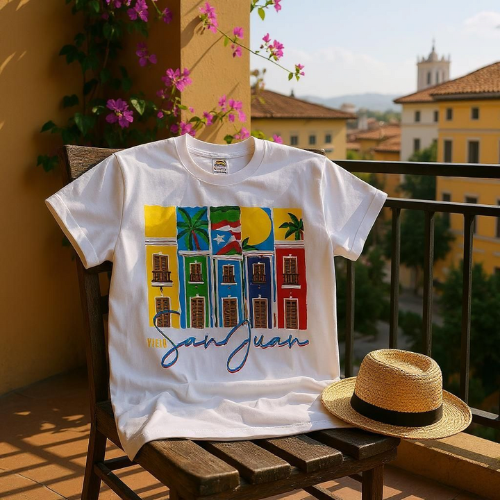 White Viejo San Juan Puerto Rico T-shirt with colorful building and palm tree design displayed on wooden chair outdoors