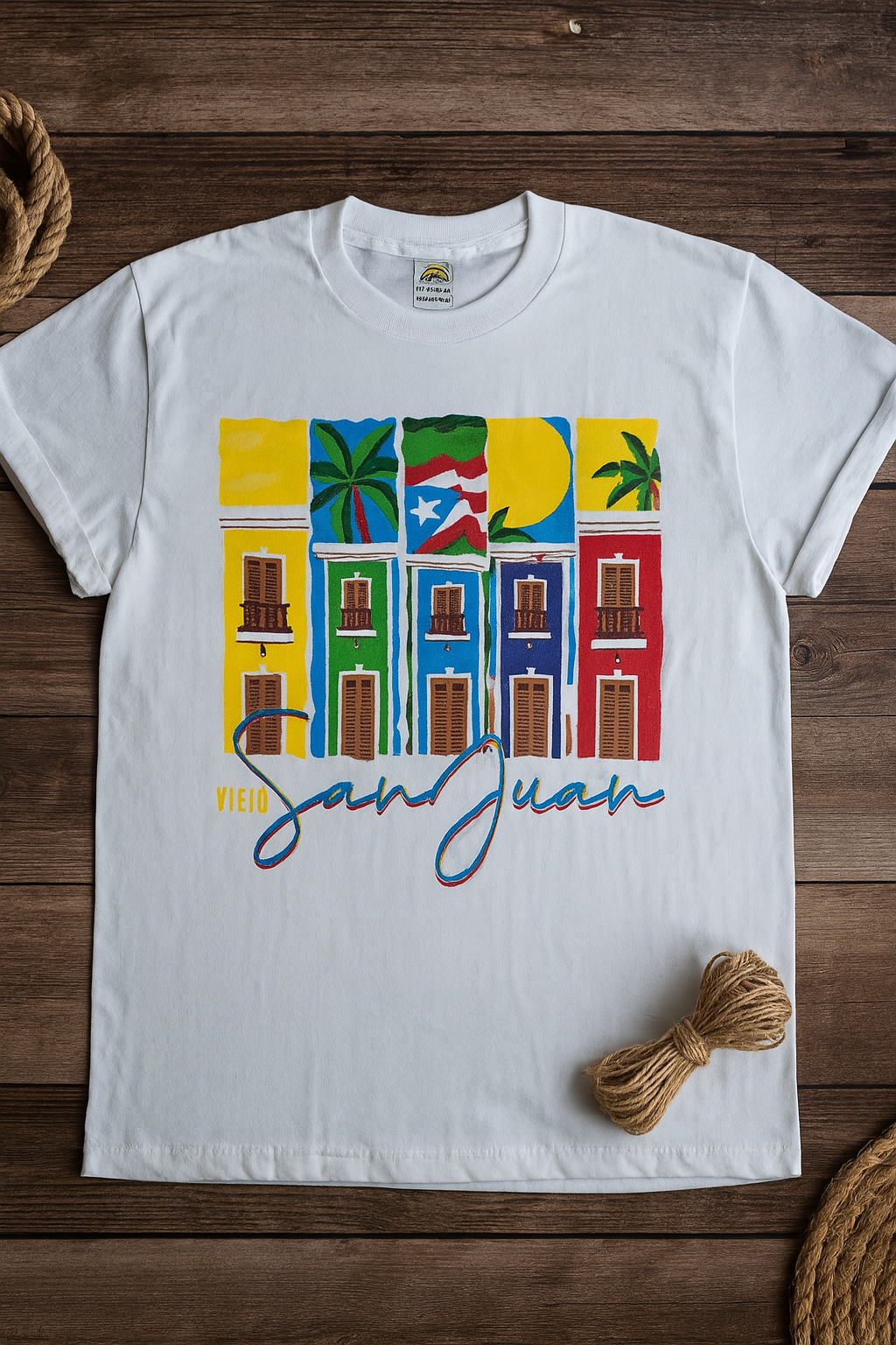 White Viejo San Juan Puerto Rico T-shirt with colorful old San Juan building design and tropical elements