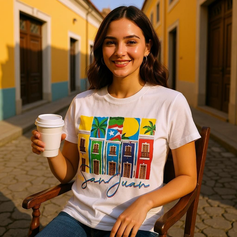 Woman wearing Viejo San Juan Puerto Rico T-shirt with colorful building designs sitting outdoors with coffee cup