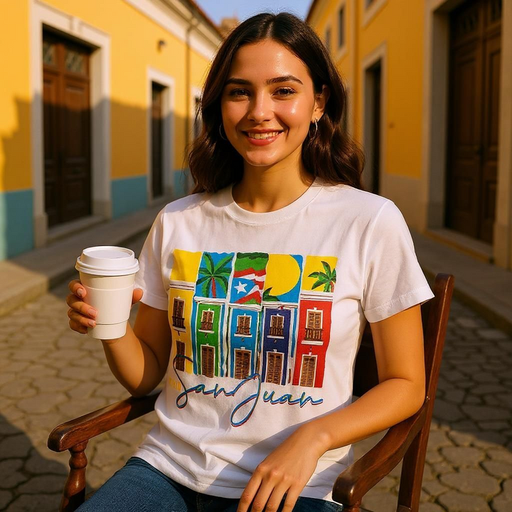Woman wearing Viejo San Juan Puerto Rico T-shirt with colorful building designs sitting outdoors with coffee cup