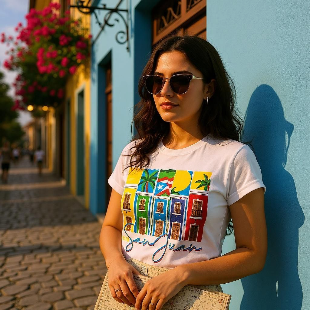 Woman wearing a Viejo San Juan Puerto Rico T-shirt with colorful building design standing against a blue wall
