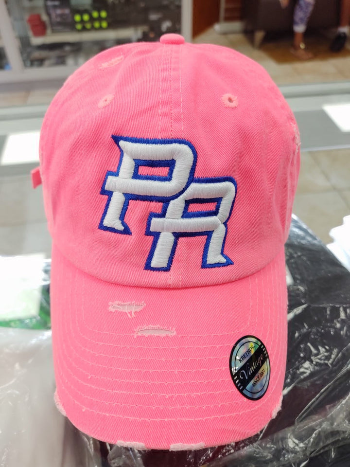 Vintage hat in pink featuring PR logo for Puerto Rico enthusiasts