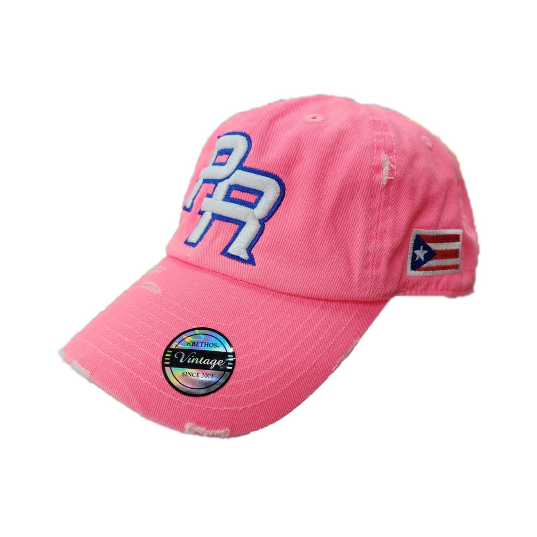Peligro Sports vintage hat in pink with embroidered PR logo and Puerto Rico flag
