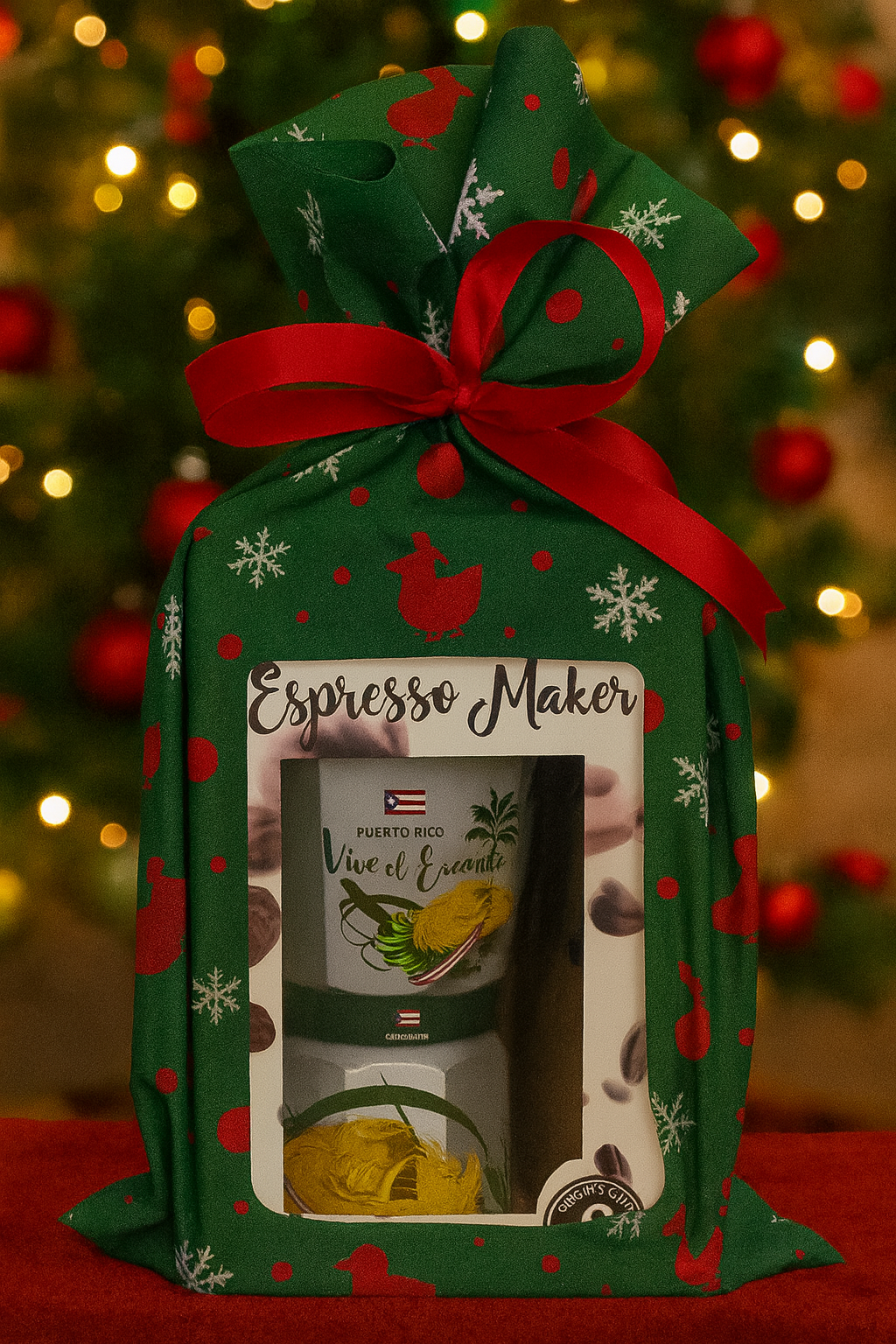 Vive El Encanto coffee pot gift set with an espresso maker and coffee accessories in festive packaging