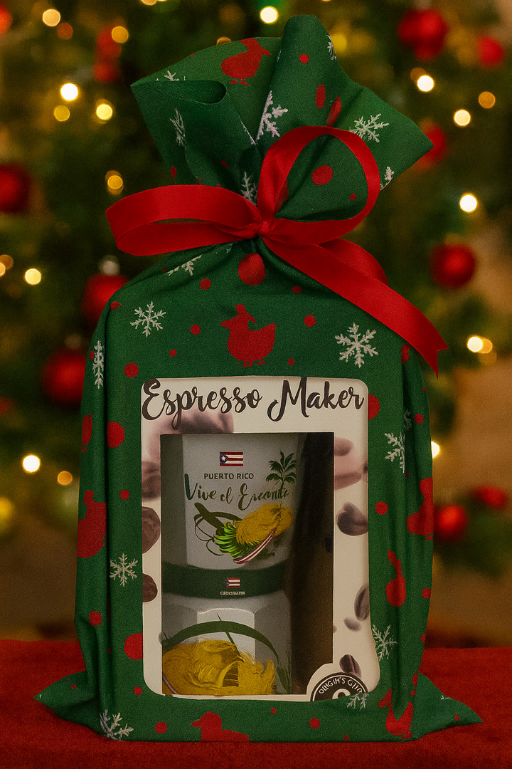 Vive El Encanto coffee pot gift set with an espresso maker and coffee accessories in festive packaging