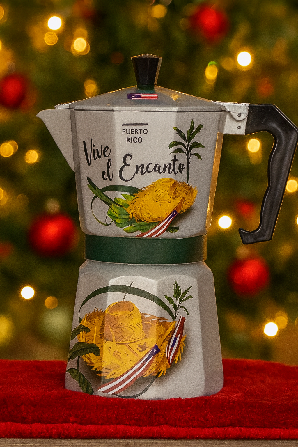 Vive El Encanto coffee pot gift featuring a vibrant design with tropical elements from Puerto Rico