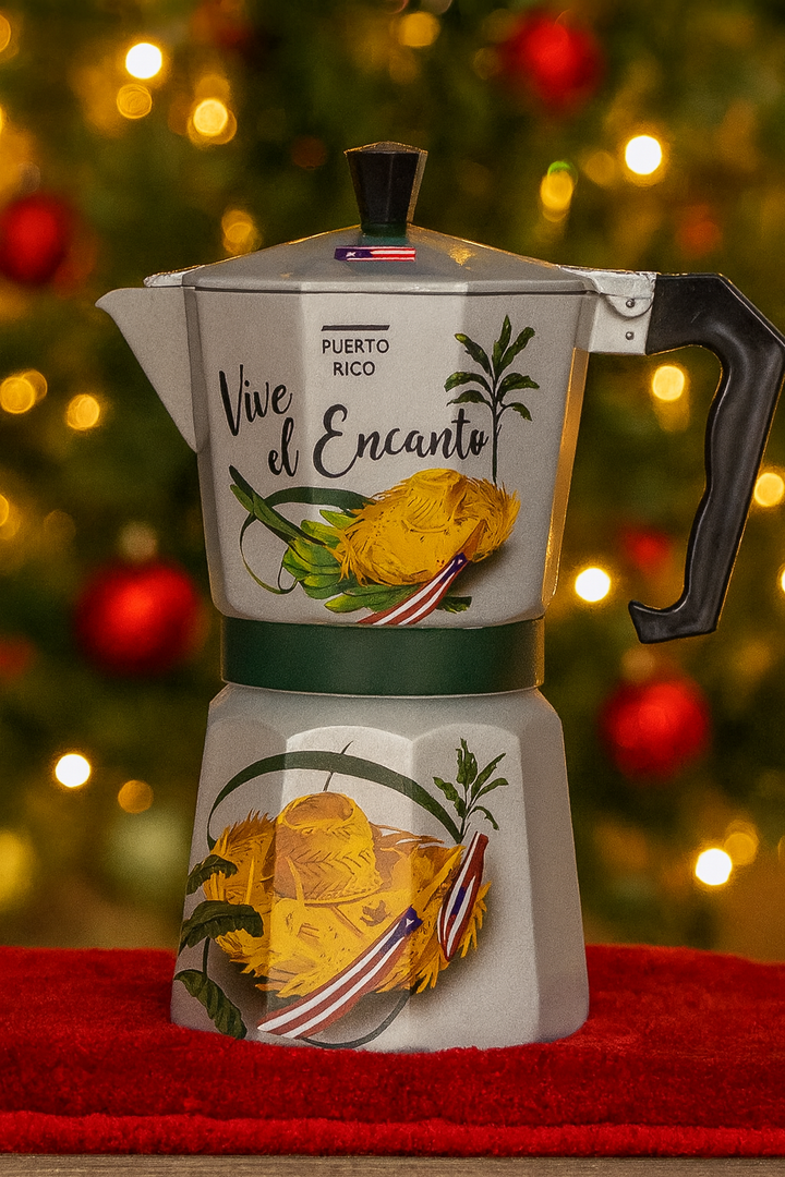 Vive El Encanto coffee pot gift featuring a vibrant design with tropical elements from Puerto Rico
