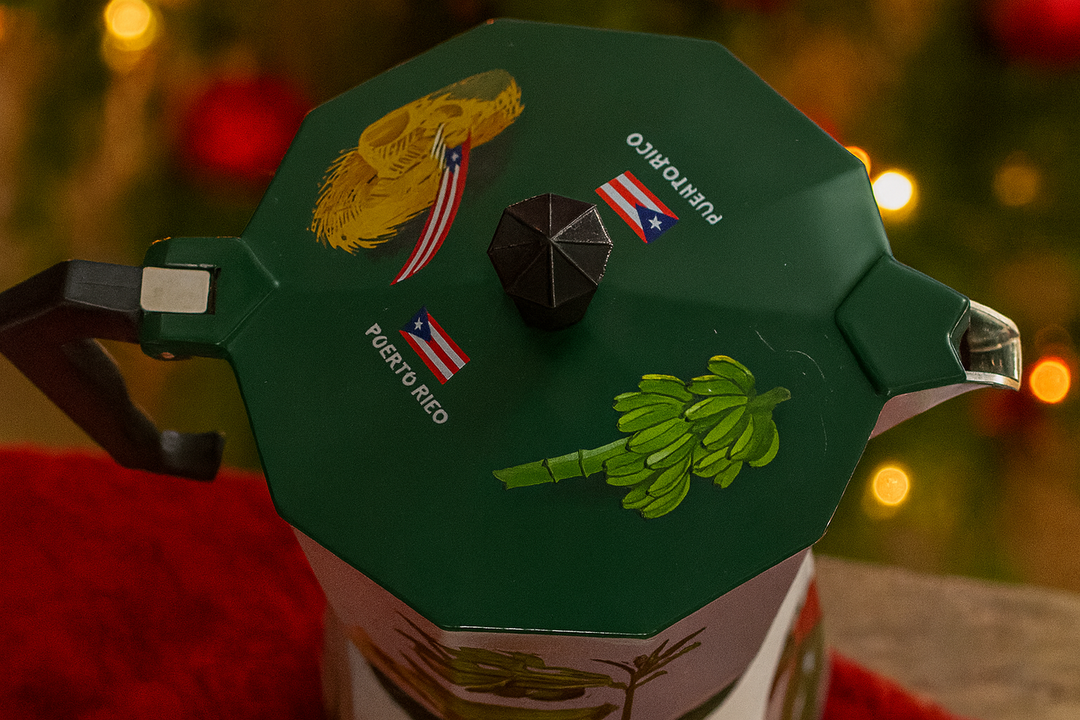 Vive El Encanto coffee pot gift with vibrant Puerto Rico design and a unique octagonal lid