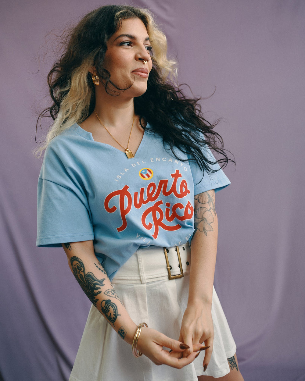 Puerto Rico women's top in light blue with vibrant graphic design