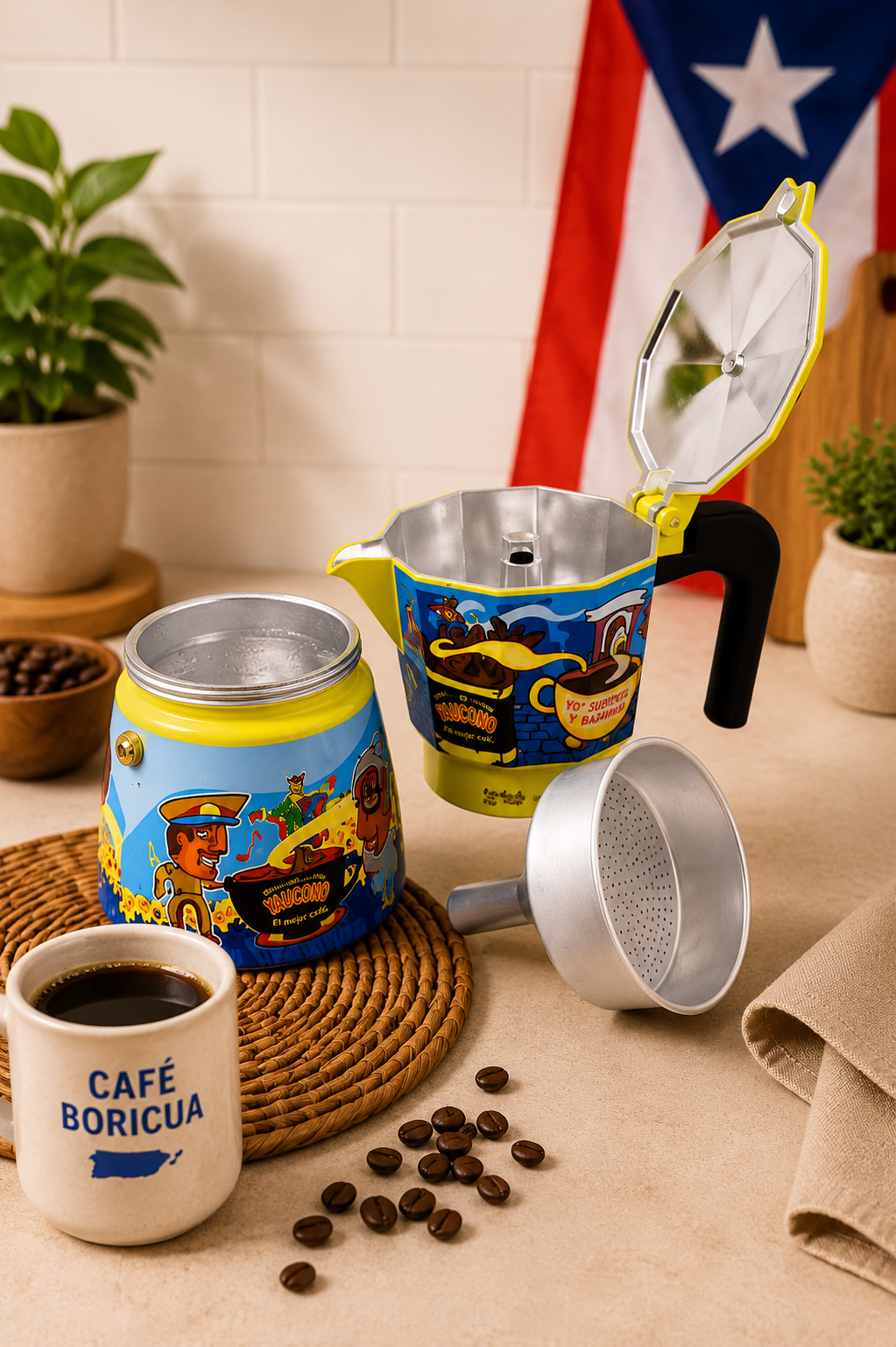 Colorful moka pot for brewing coffee, Puerto Rico design