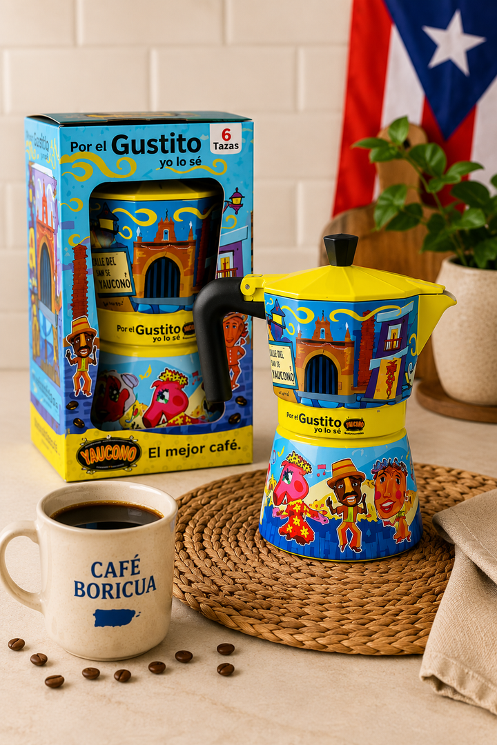 Colorful moka pot for brewing coffee with festive design from Puerto Rico
